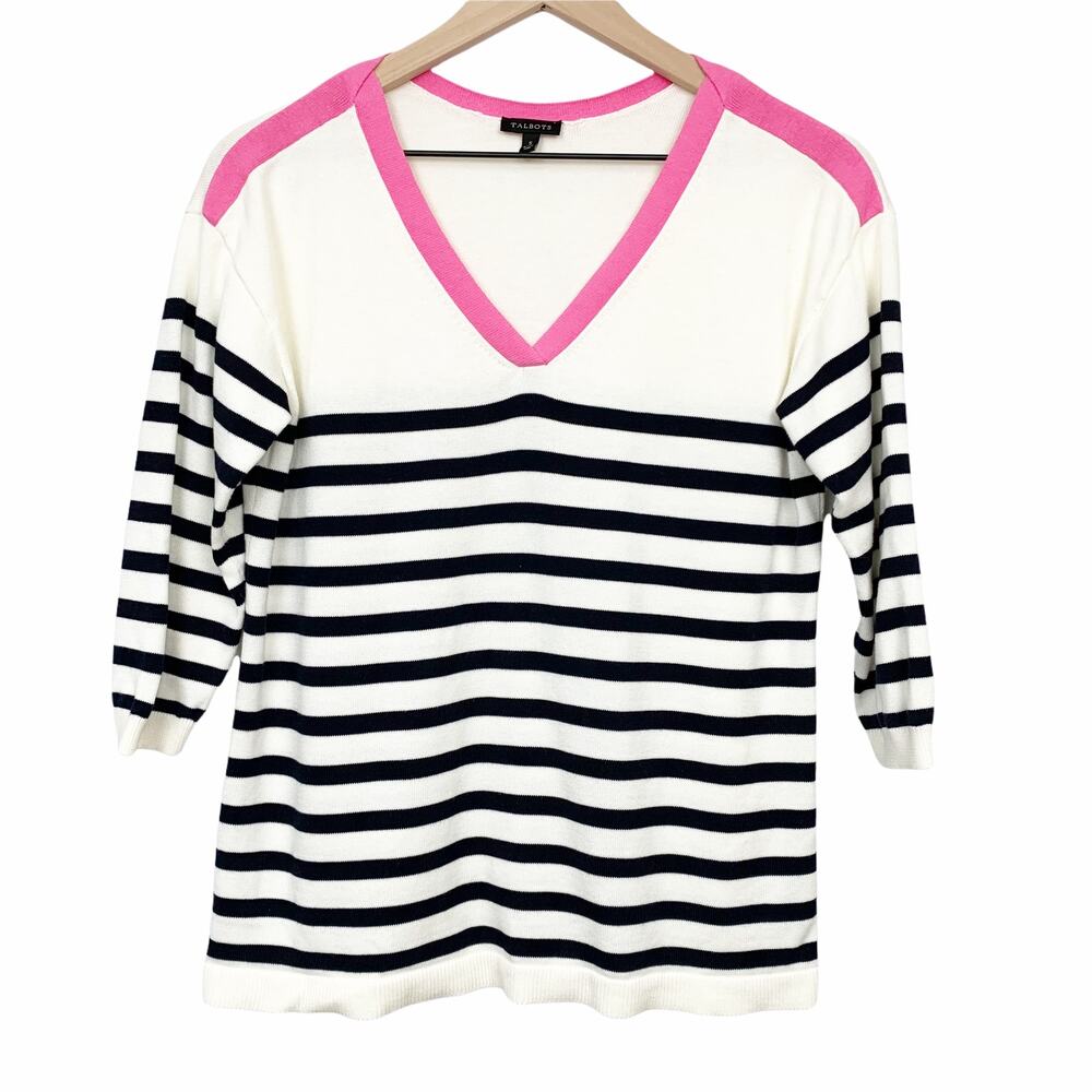 Talbots Sweater Women's Size Small V Neck Striped Black Cream Pink 3/4 Sleeves